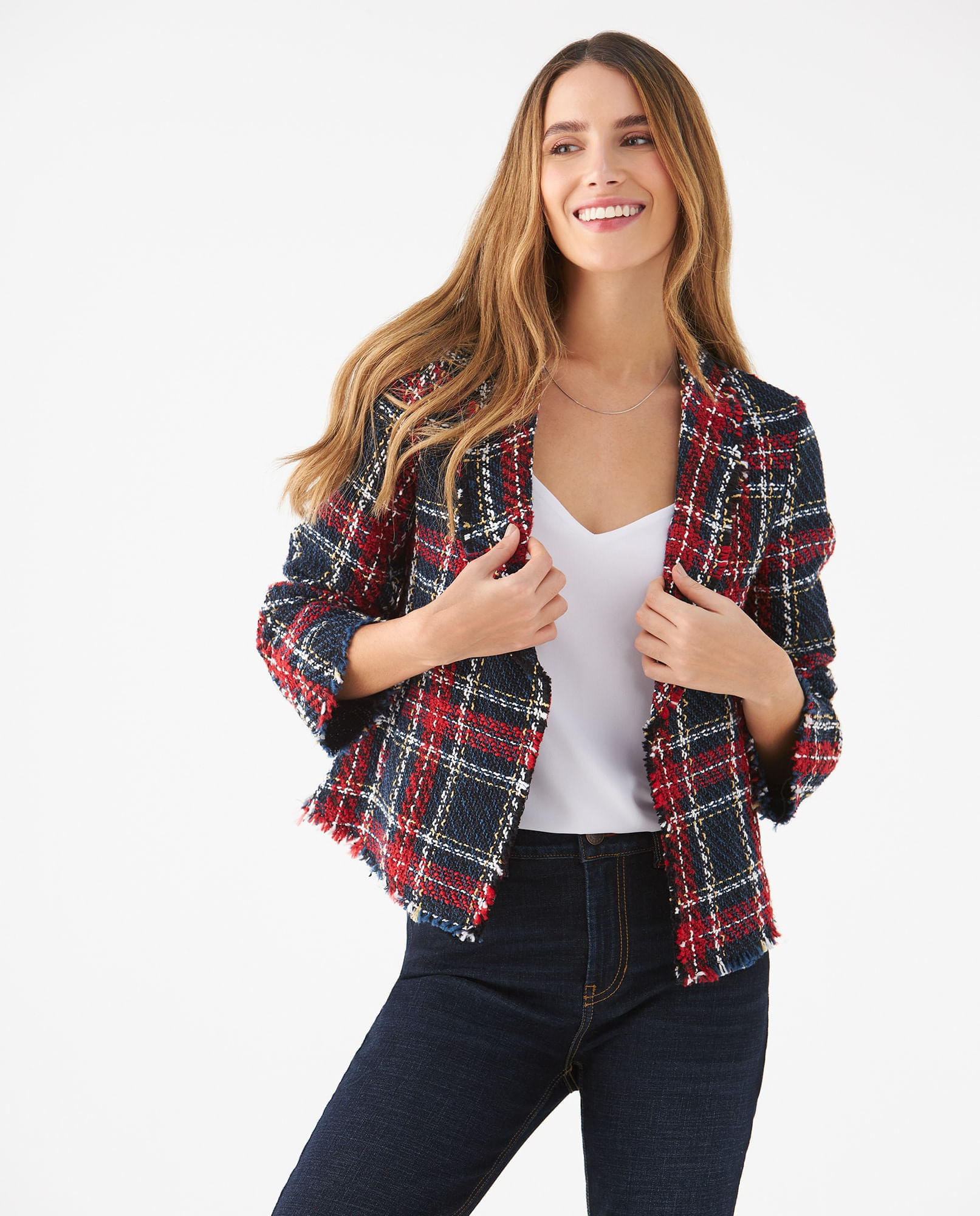 Chaqueta con cuadros tejidos para mujer