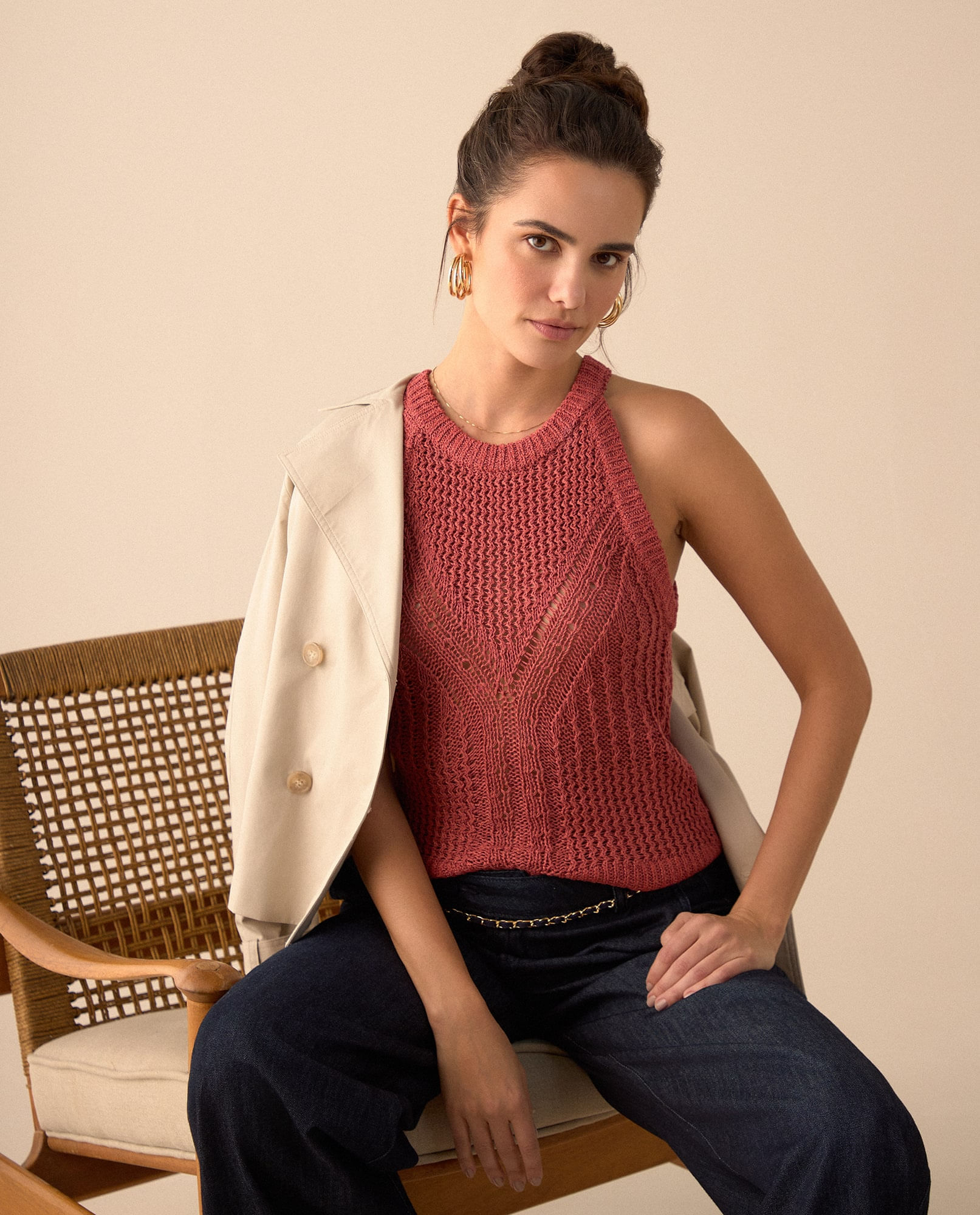Camisa tejida manga sisa para mujer