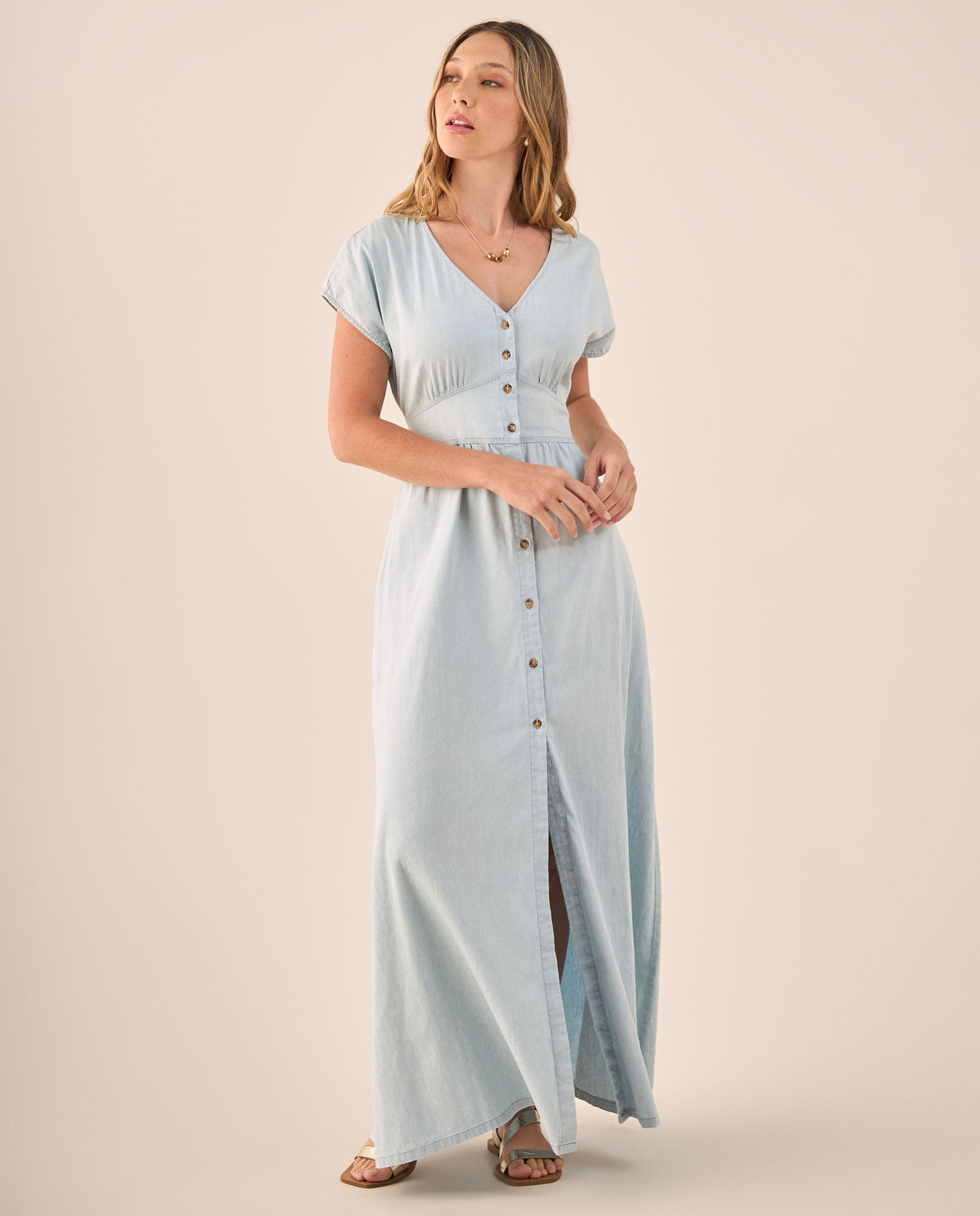 Vestido Largo Azul con Cinturón Ajustable