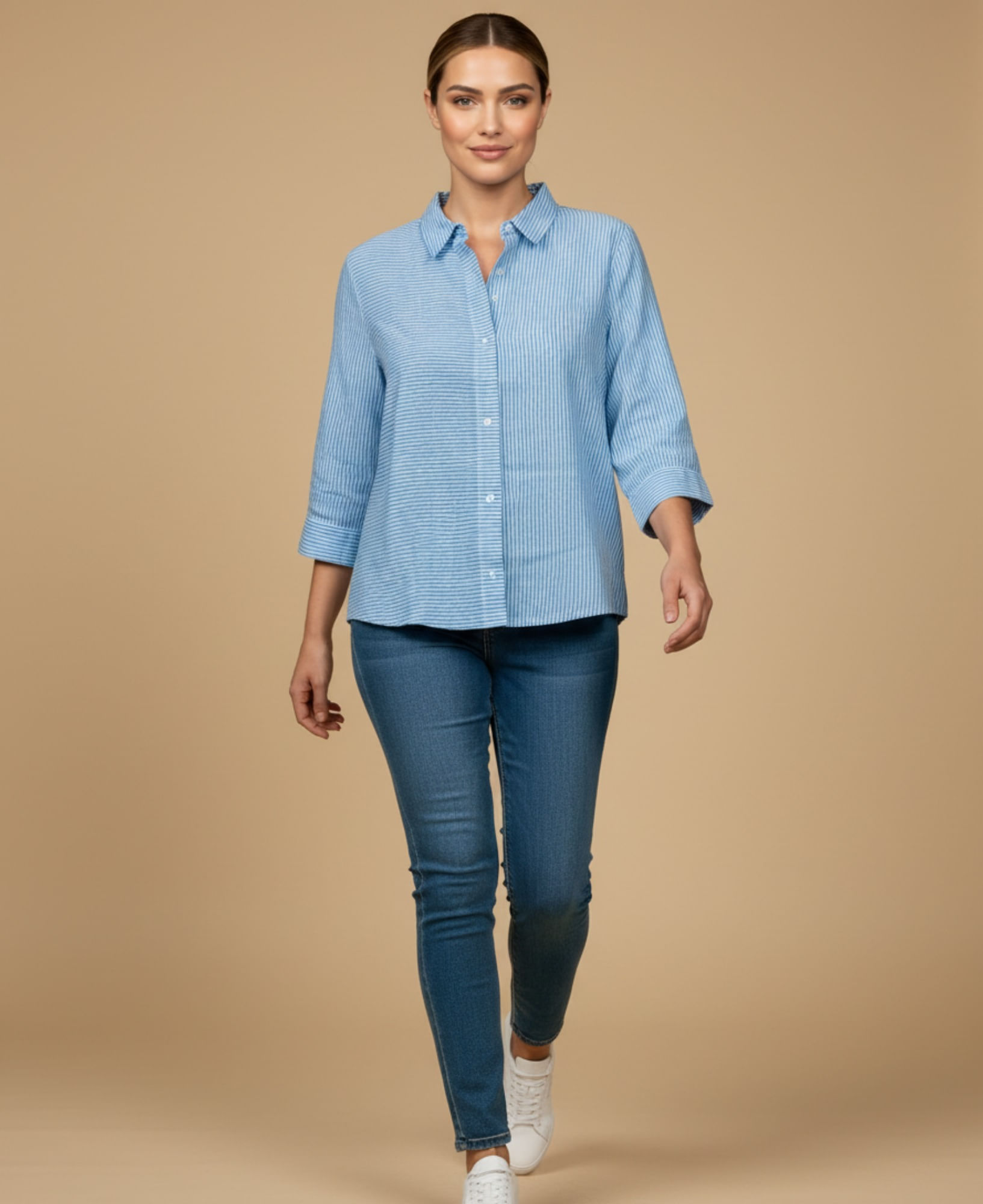 Camisa manga larga con rayas finas para mujer