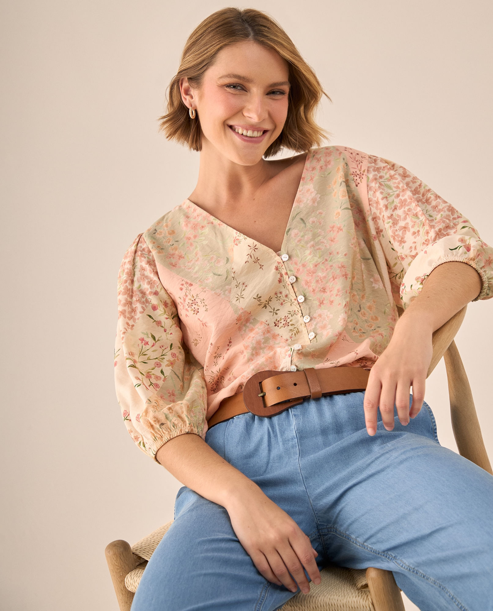 Blusa Floral Patchwork Rosa Manga 3/4