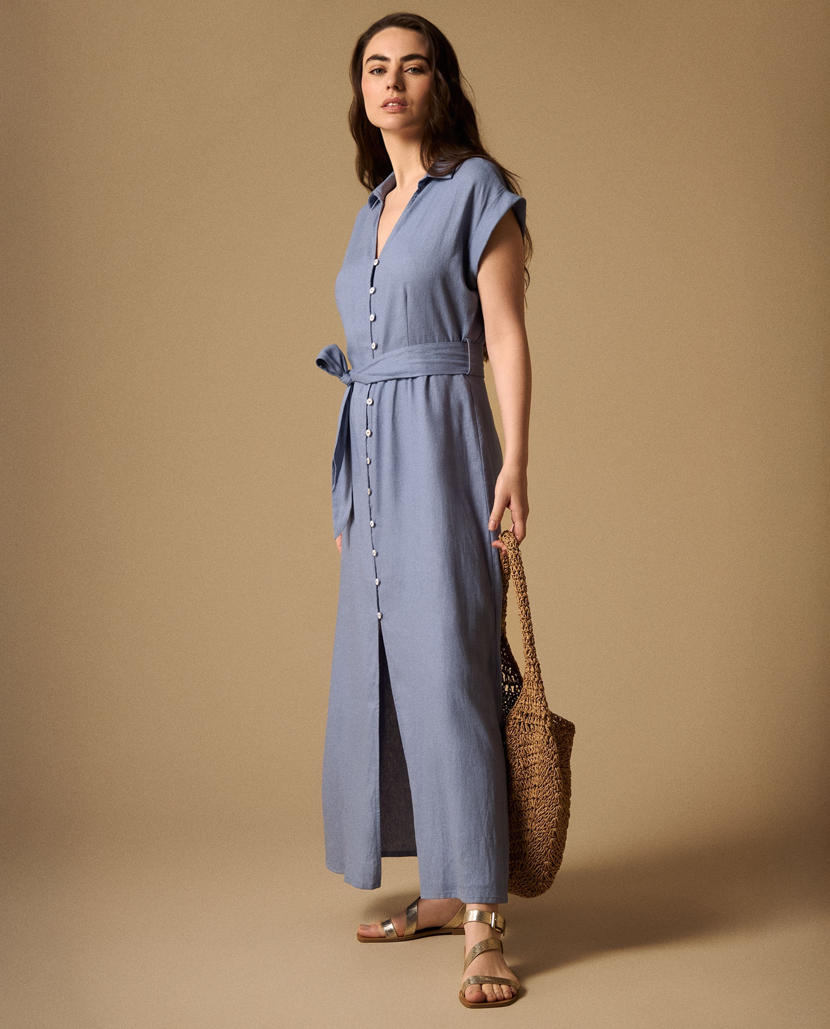 Vestido Camisero Azul con Cinturón Incluido