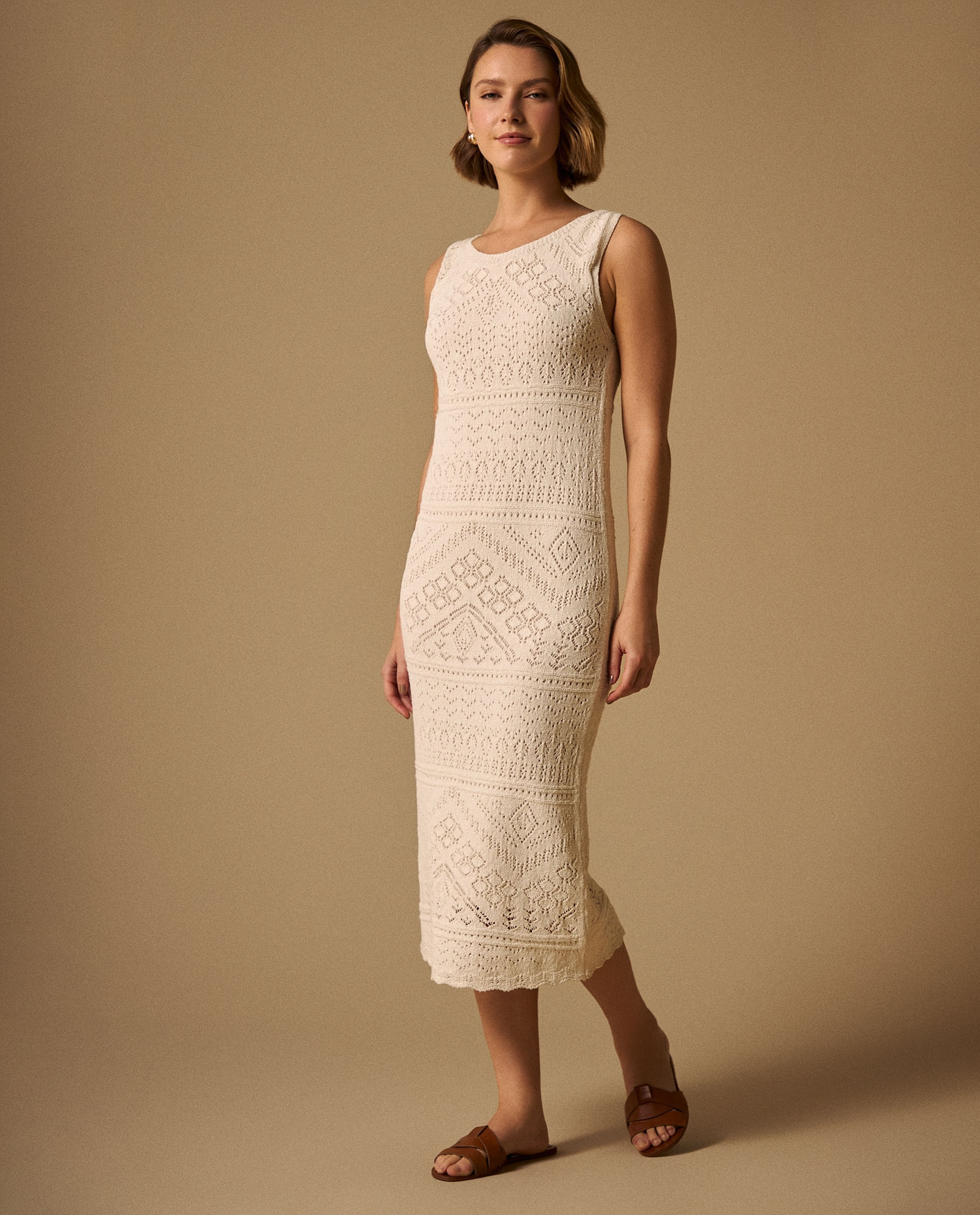 Vestido Midi Tejido Calado con Cordón Espalda